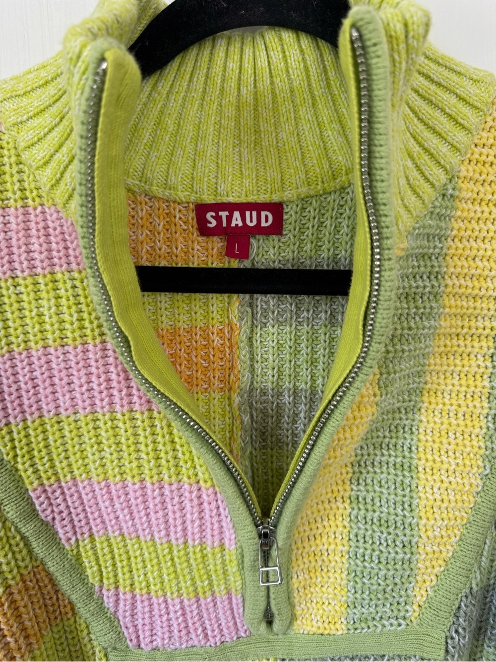 STAUD Lime Pink Yellow Stripe Half-Zip Turtleneck Sweater